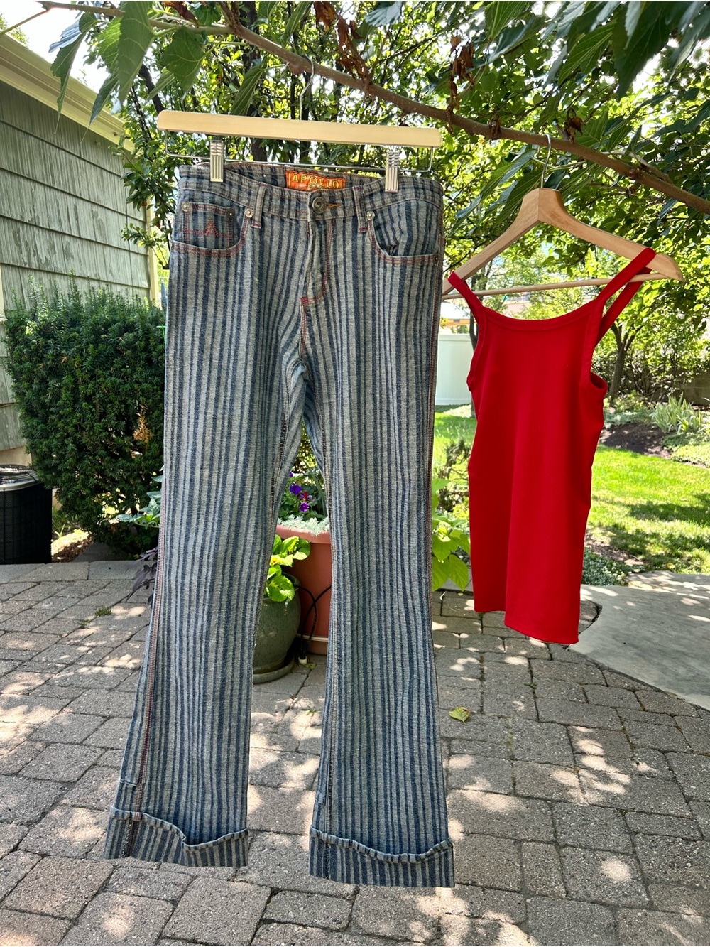 Apollo Jeans Blue and Gray Vertical-Stripe Bootcut Pants